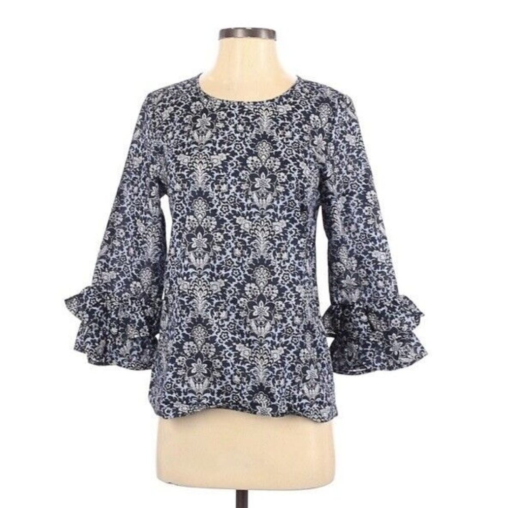 J Crew Navy Floral Top Womens Size 6 Ruffle‎ Sleeve Blouse